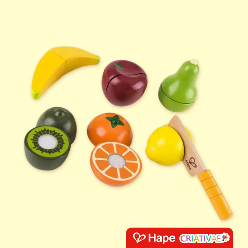 Conjunto Premium de Frutas de Madeira – Brinquedo Educativo Sensorial com Faca Infantil – Hape